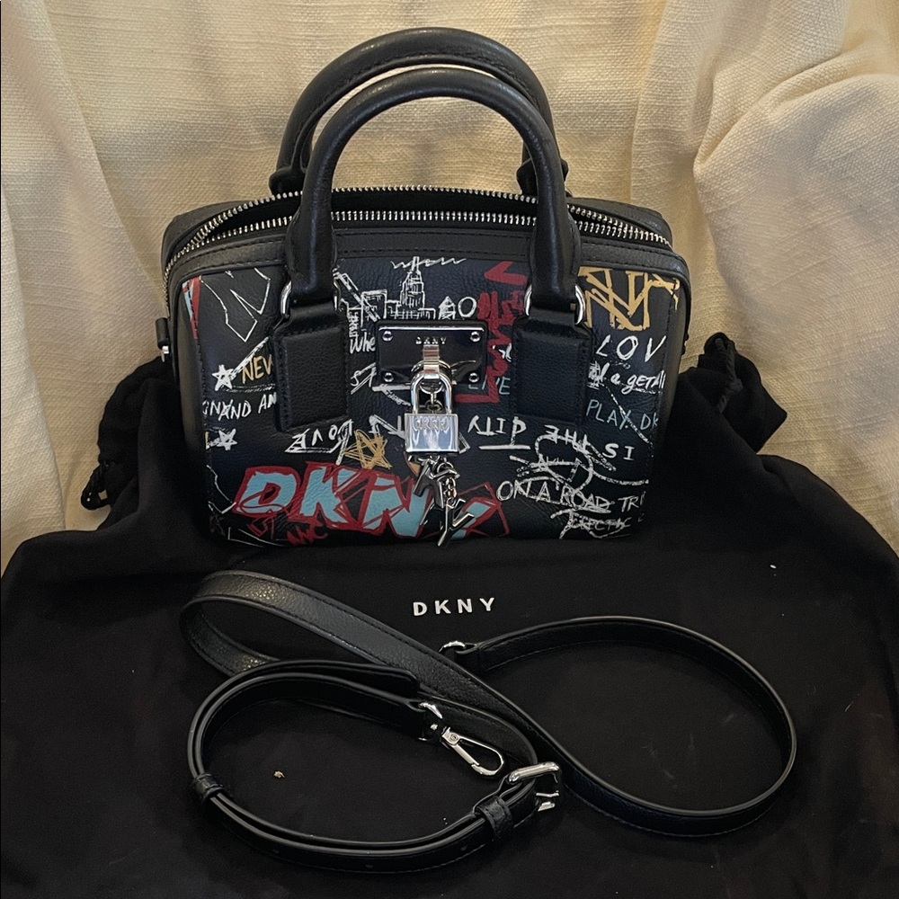 DKNY Black Graffiti Print Leather Satchel with Silver Hardware